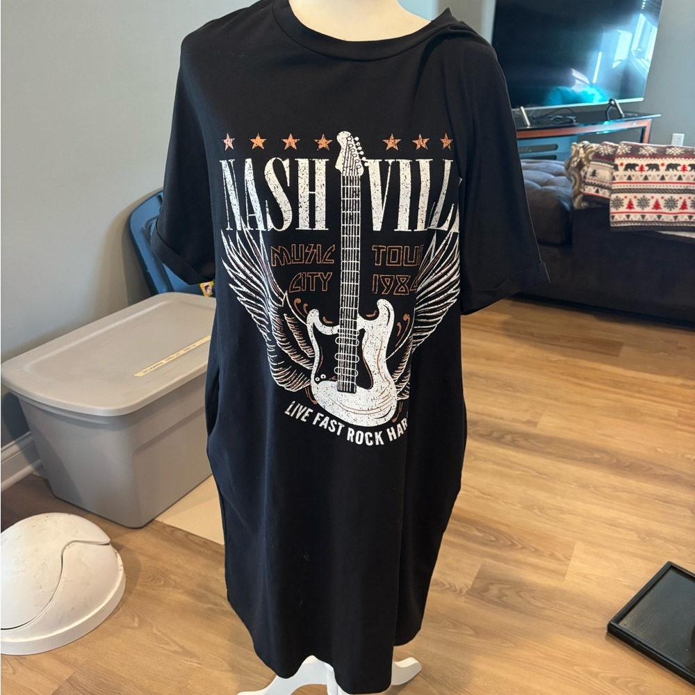 NWOT Black Graphic T-Shirt Dress with Guitar Design
